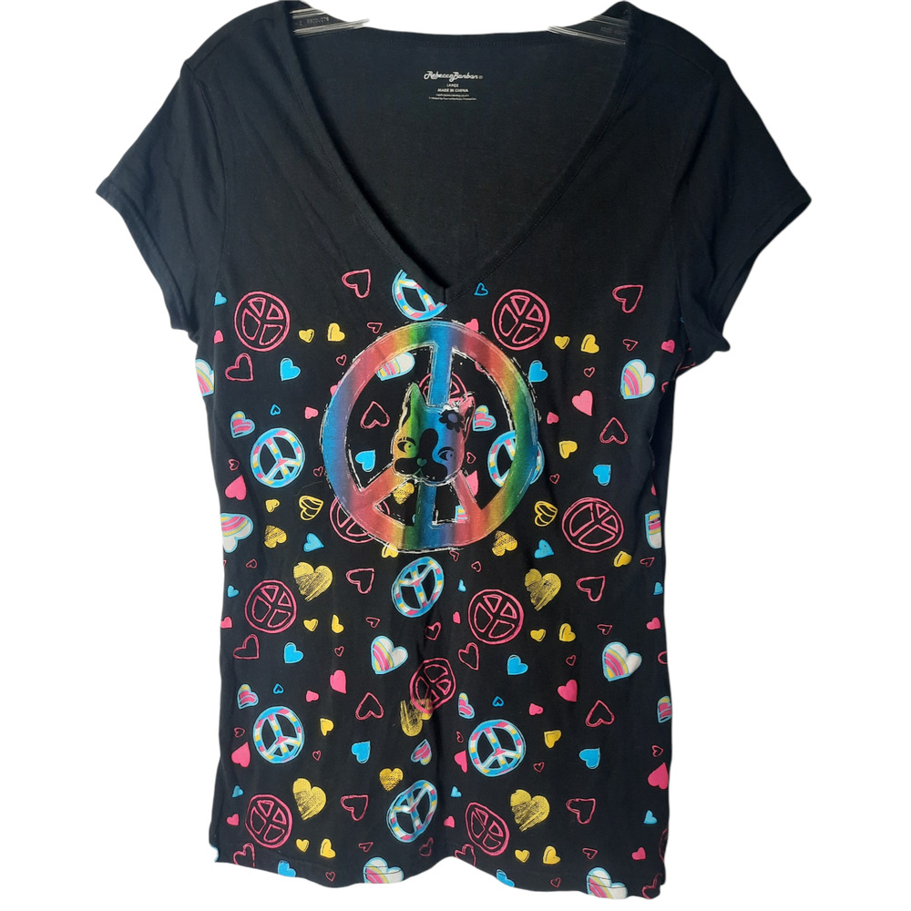 Rebecca Bonbon bulldog black with multi-colored peace signs and hearts t shirt